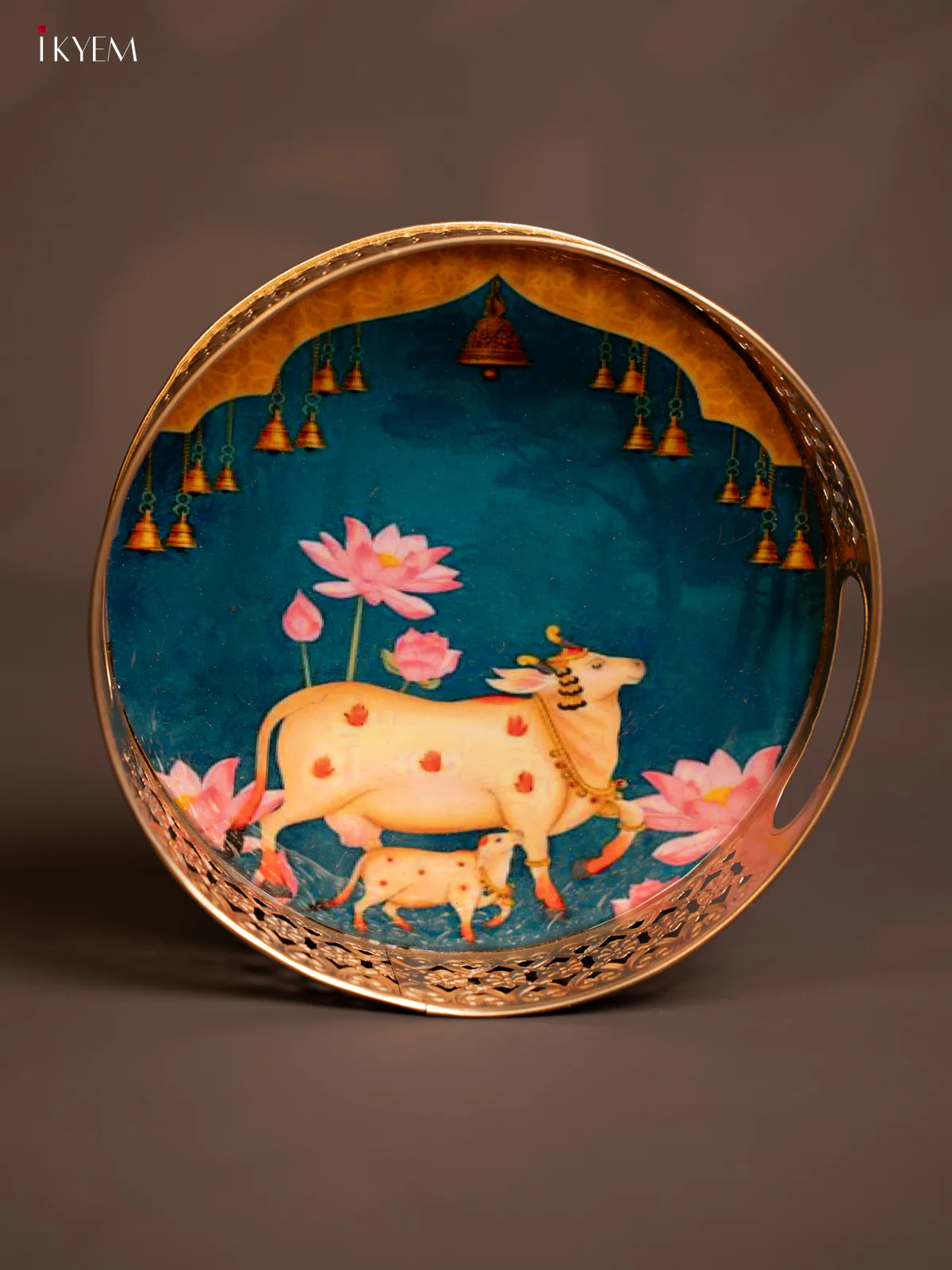 Metal Digital Pichwai tray Cow & calf 6 Inch - Blue - KE14120