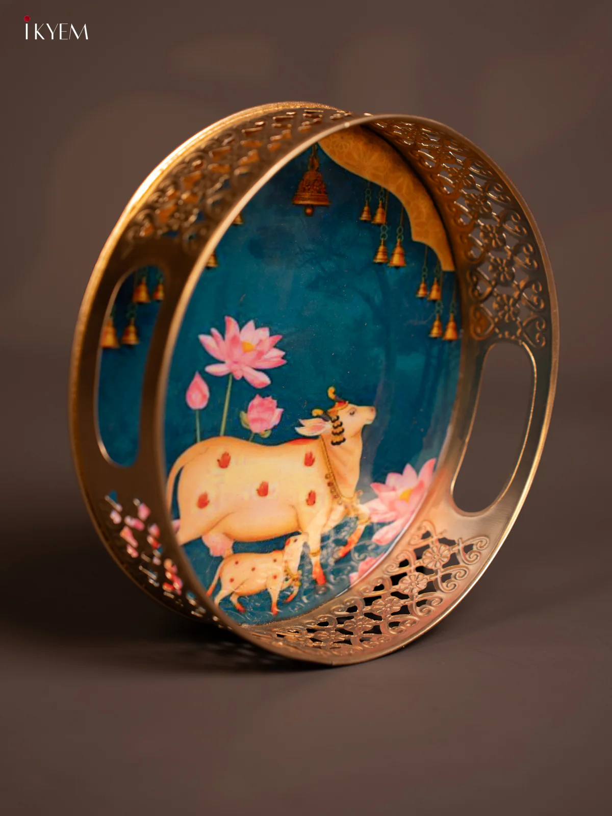 Metal Digital Pichwai tray Cow & calf 6 Inch - Blue - KE14120 - Image 2