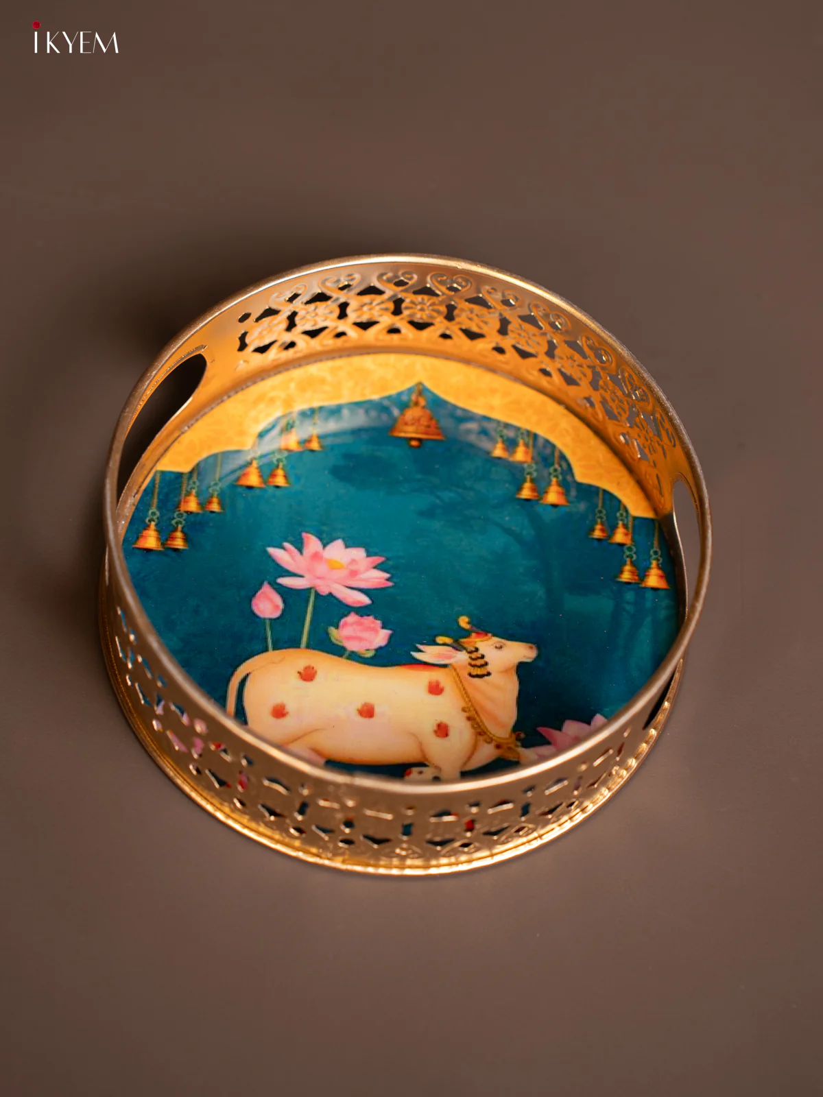 Metal Digital Pichwai tray Cow & calf 6 Inch - Yellow with Blue - KE14125 - Image 3