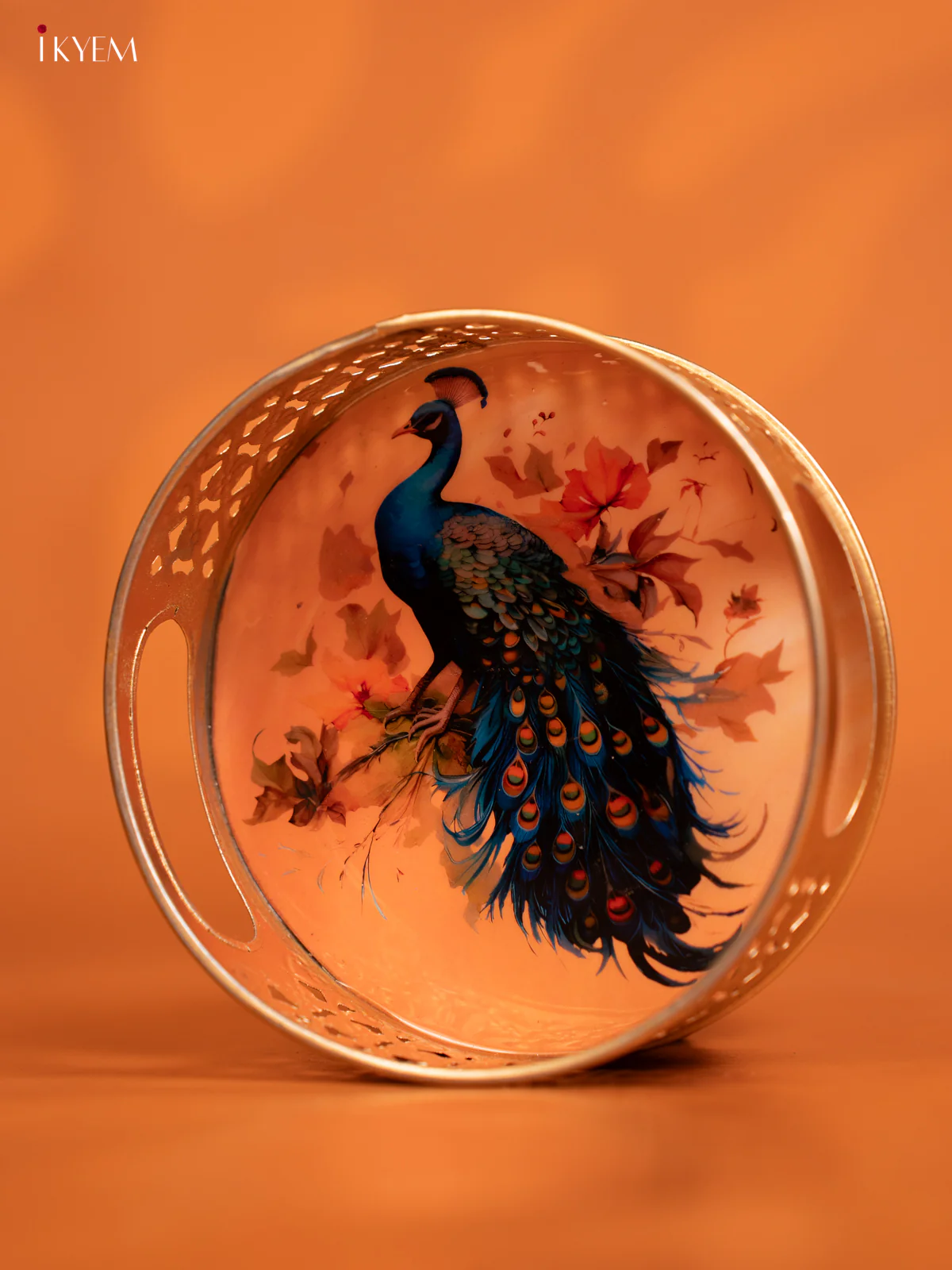 Metal Digital Pichwai tray Peacock 6 Inch - Peach - KE14126 - Image 3