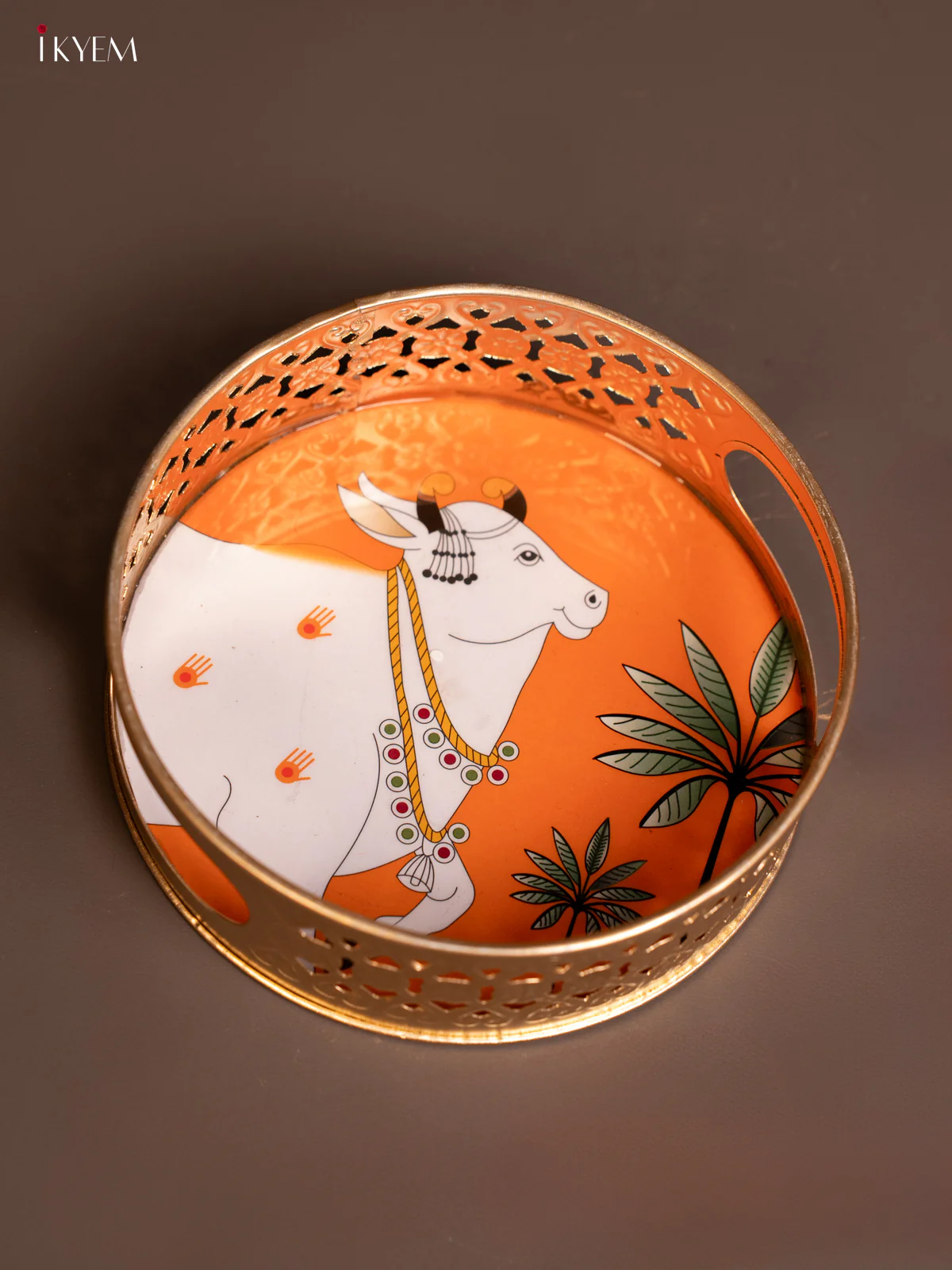 Metal Digital Pichwai tray - 6 Inch- Cow - Orange - KE14130