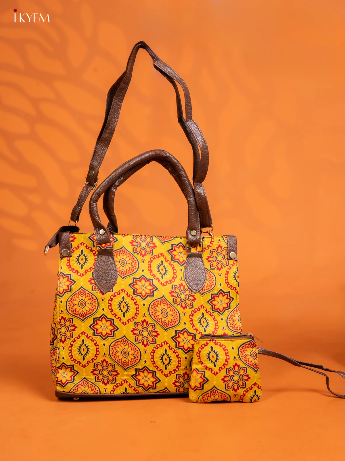 Ajrakh Printed Handbag with small pouch - yellow - KE16142 - Image 2
