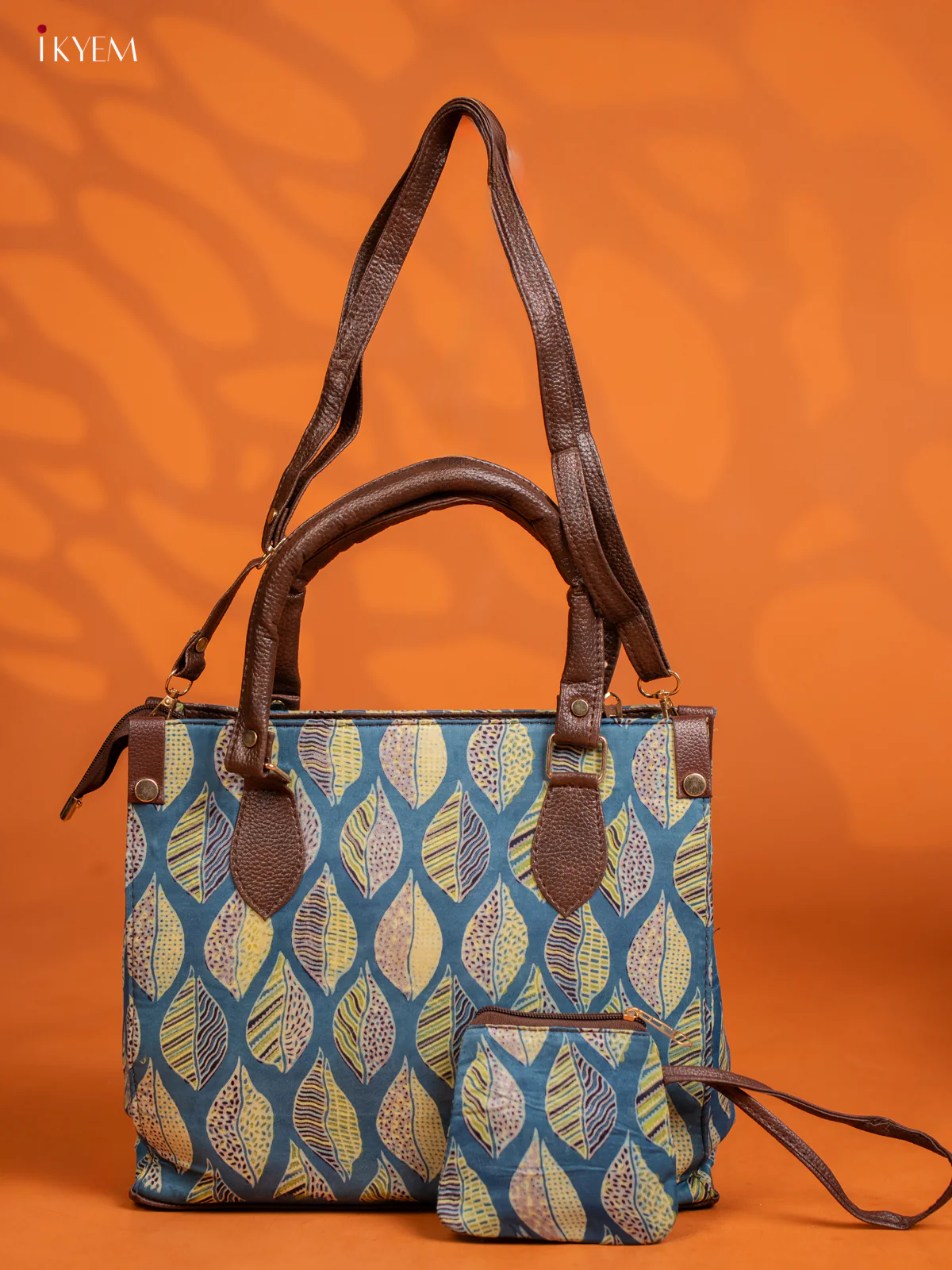 Ajrakh Printed Handbag with small pouch - Light Blue - KE16143