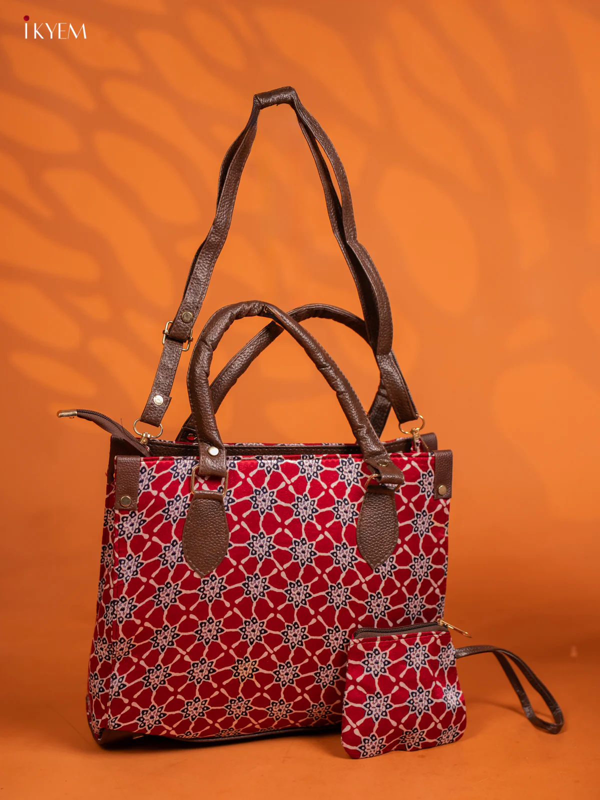 Ajrakh Printed Handbag with small pouch - Red - KE16144