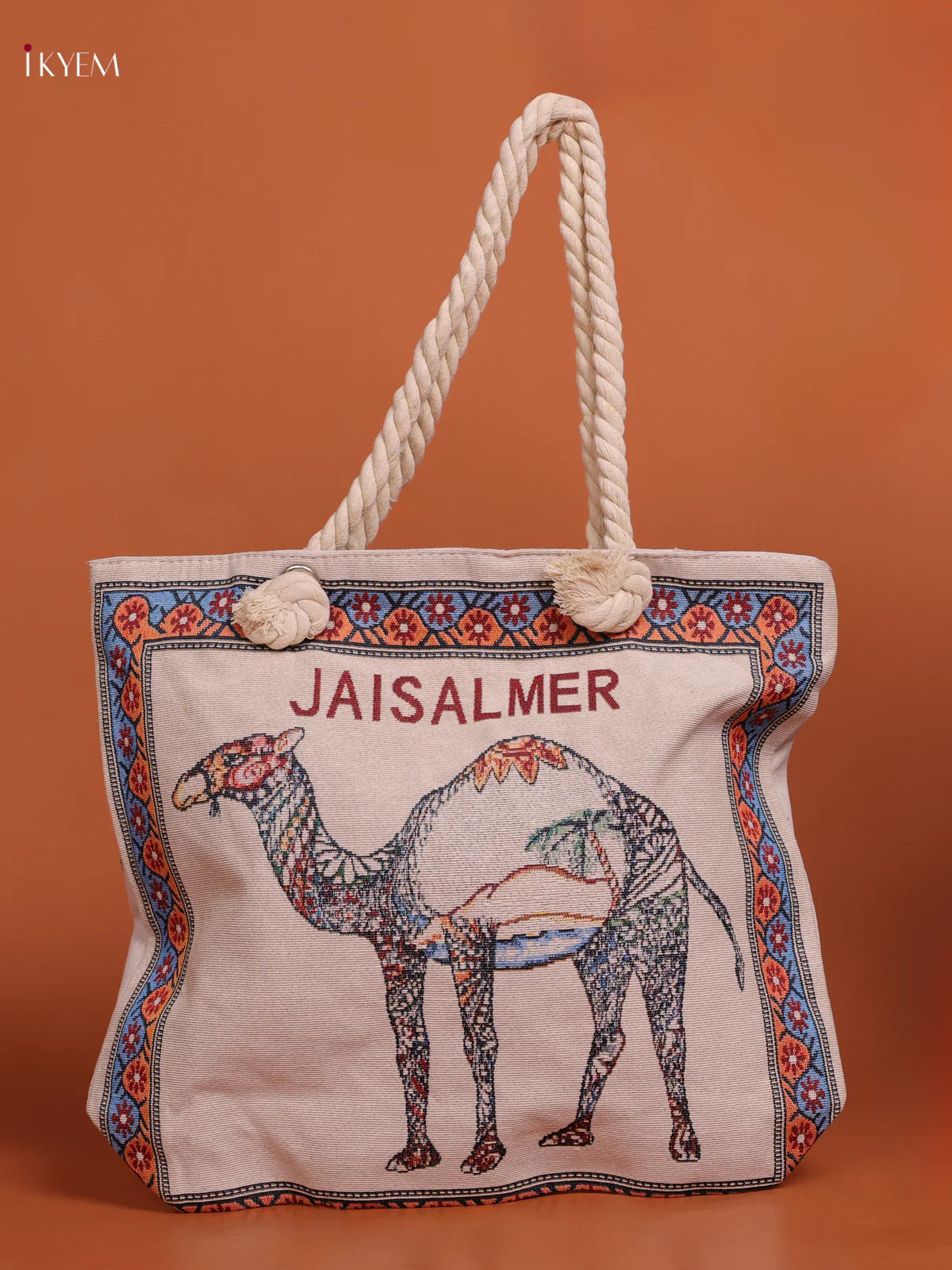 Rajasthani Patten Tote Bag with Pouch - Blue with Orange - KE16202
