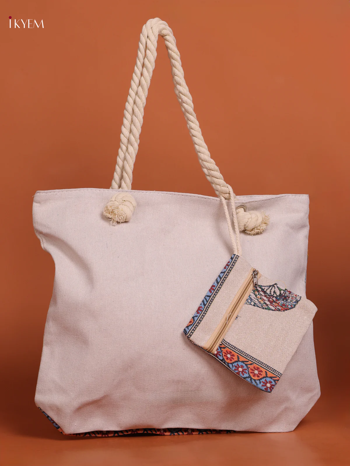 Rajasthani Patten Tote Bag with Pouch - Blue with Orange - KE16202 - Image 3