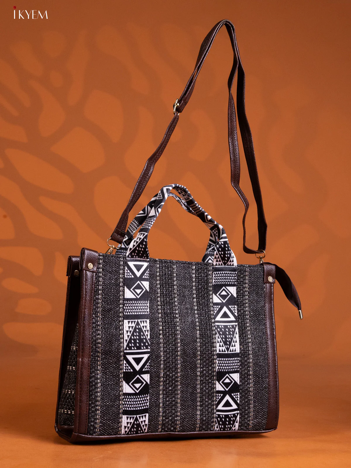Aztec Patterns Jacquard Hand Bag with Detachable Shoulder Strap - Black - KE16239 - Image 2