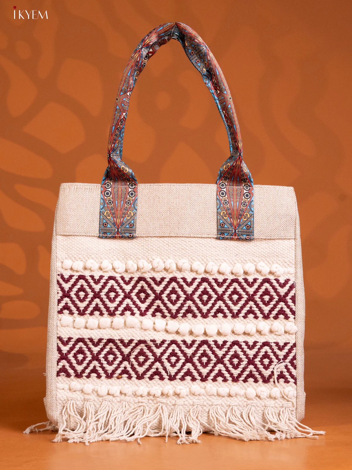 Jacquard Pattern Handbag with 2 compartments - Marron with White - KE16247