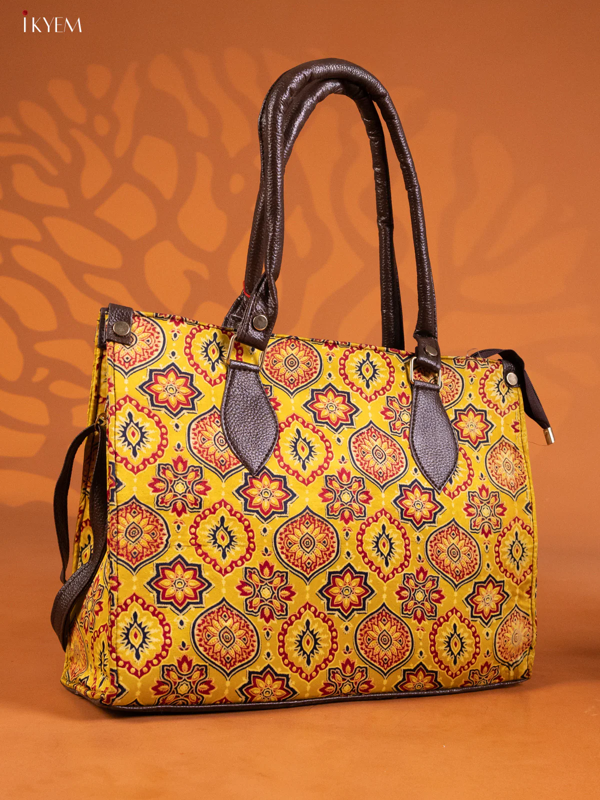 Ajrakh Print Handbag and leather Sling Bag with 1 Compartments - Yellow - KE16283 - Image 2