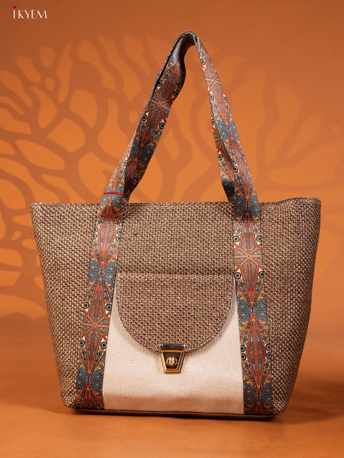 Jacquard Handbag printed Handle with 3 compartments - Coffee Brown - KE16301
