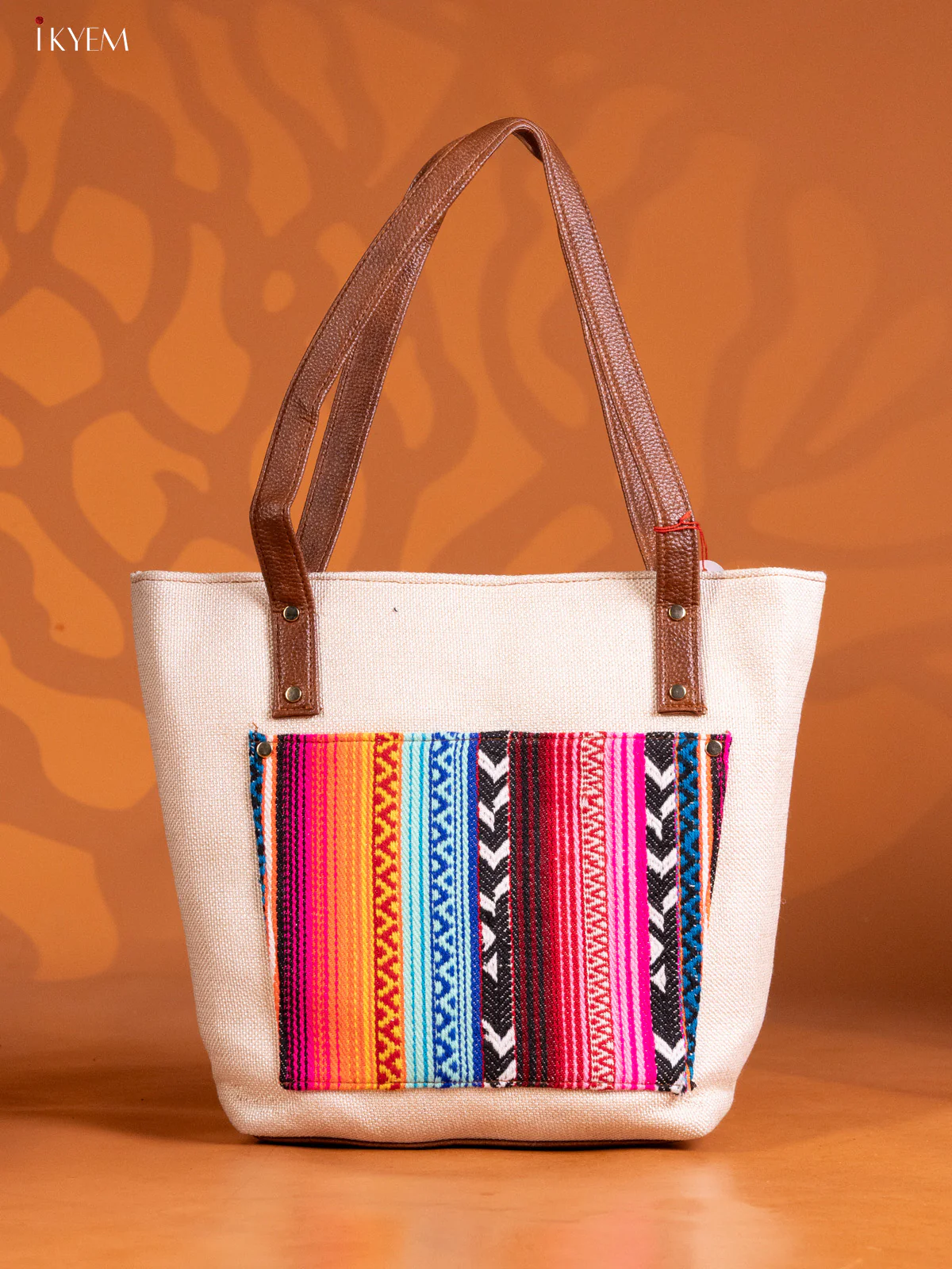 Jacquard Stripe Design Handbag 3 compartments - Cream - KE16319