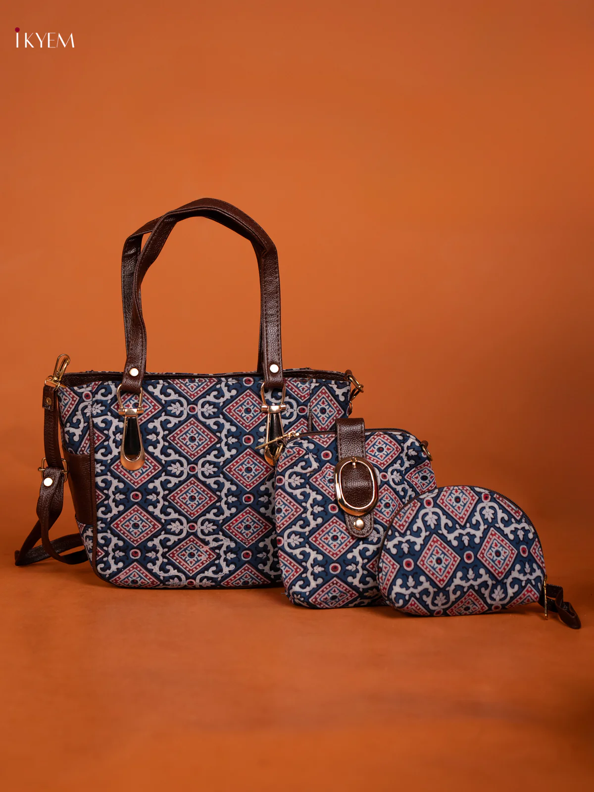Cotton Ikat Design Handbag Combo Set - Navy Blue - KE16333