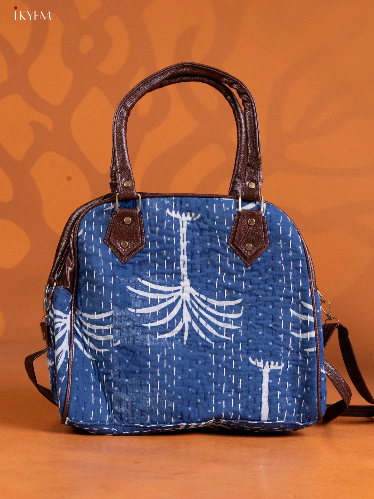 Kantha Cotton Embroidery Handbag & Leather sling with 2 Compartments - Indigo Blue - KE16337