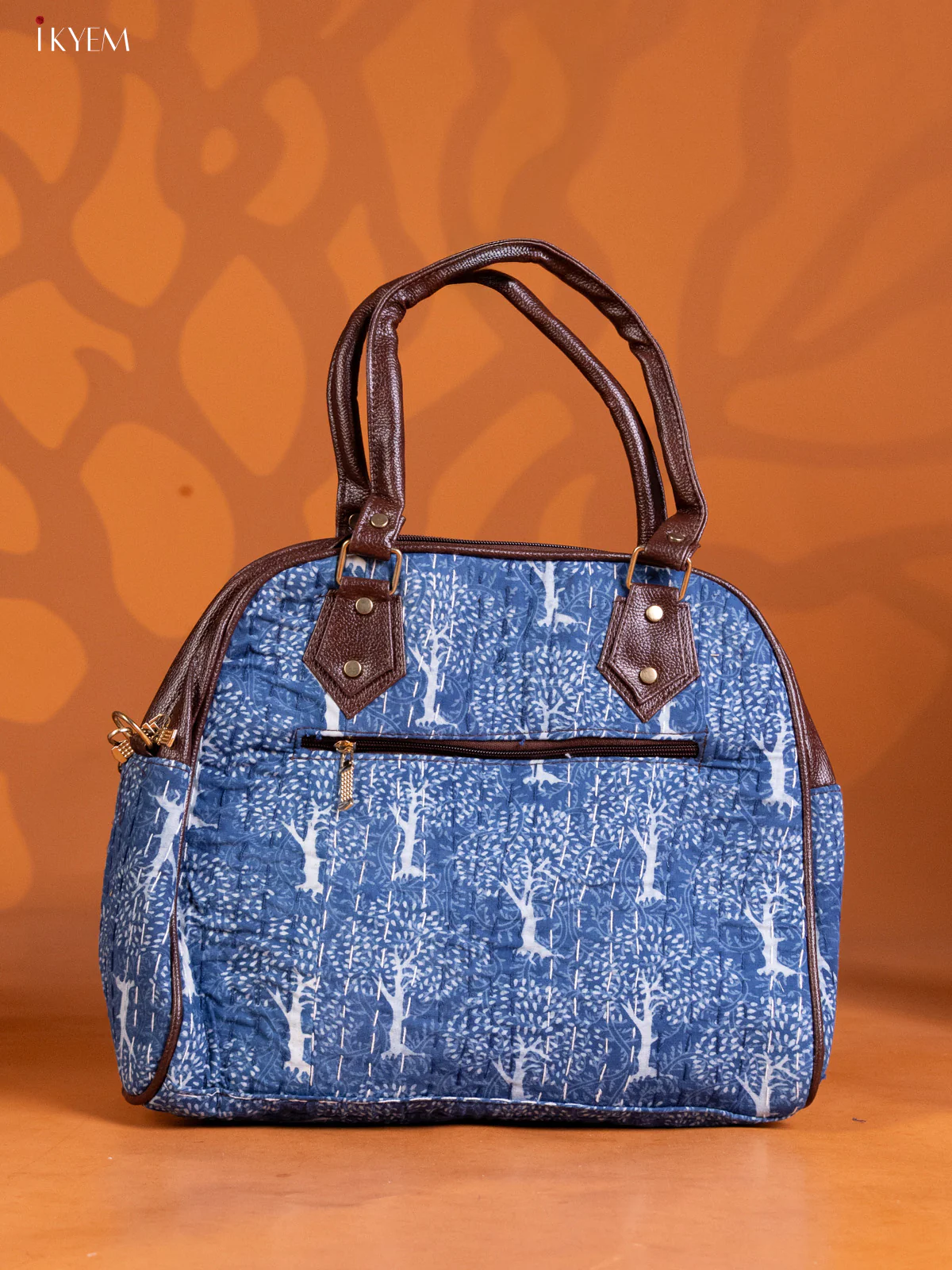 Kantha Cotton Embroidery Handbag & Leather sling with 2 Compartments -Navy Blue - KE16337 - Image 2