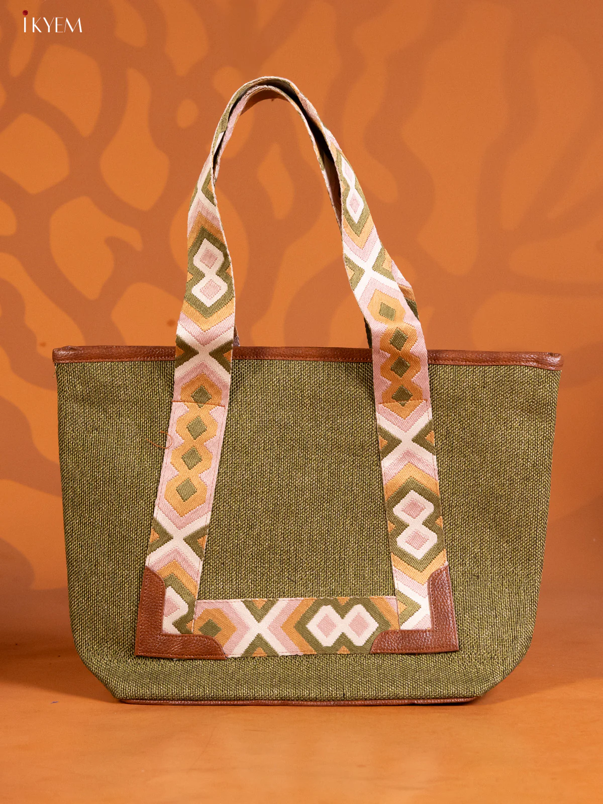 Jute Ajrakh Design Handbag & Leather Sling with1 Compartment & 1 Coin pouch - Blue - KE16348