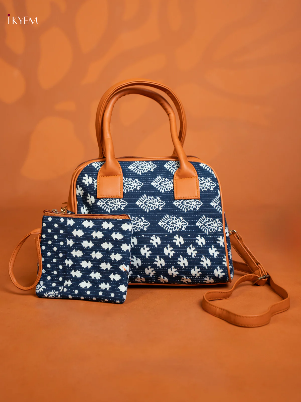 Cotton Ikat Printed handbag & Leather Sling with 2 Compartments 1 Pouch - Indigo blue - KE16368