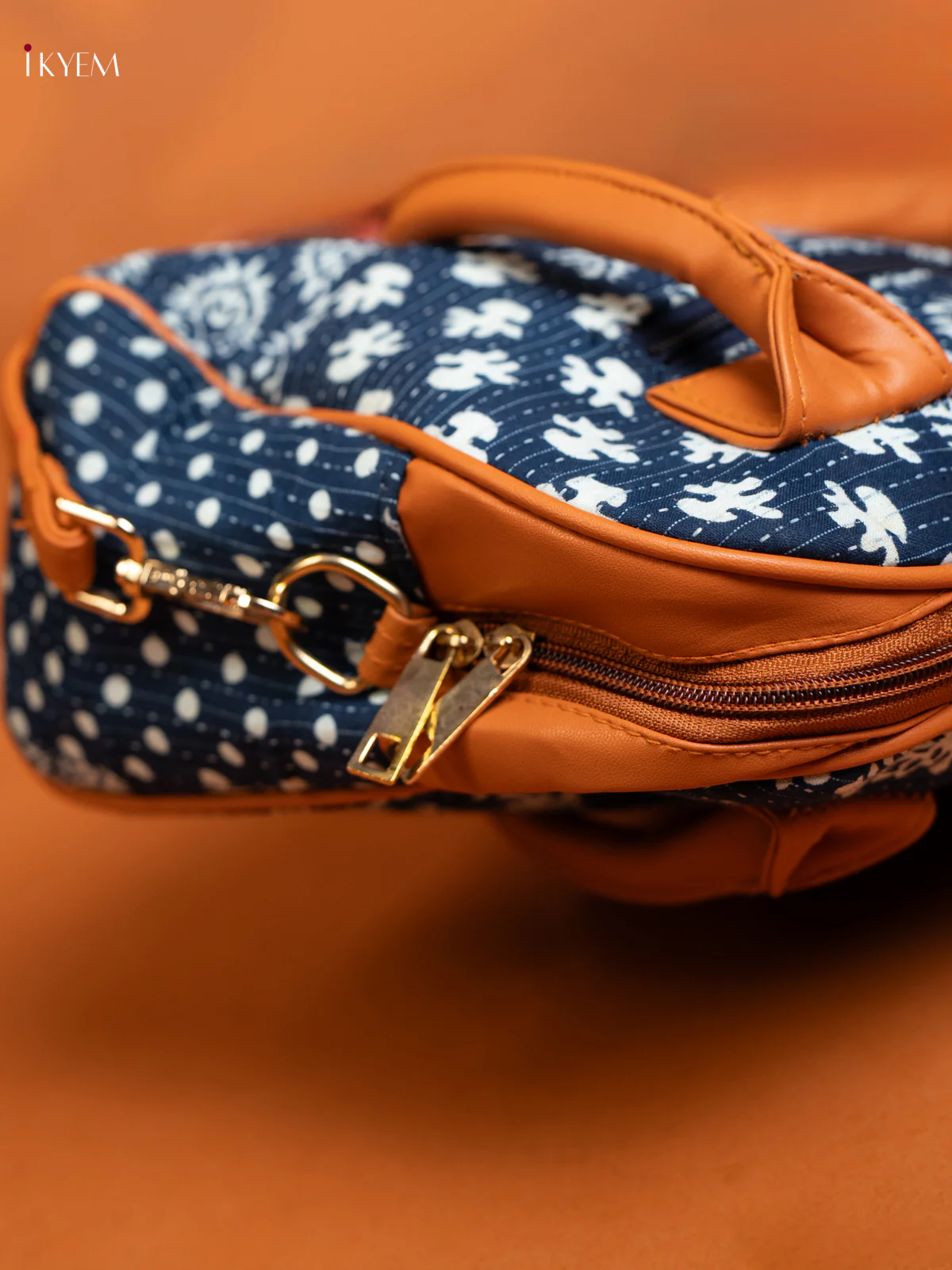 Cotton Ikat Printed handbag & Leather Sling with 2 Compartments 1 Pouch - Indigo blue - KE16368 - Image 4