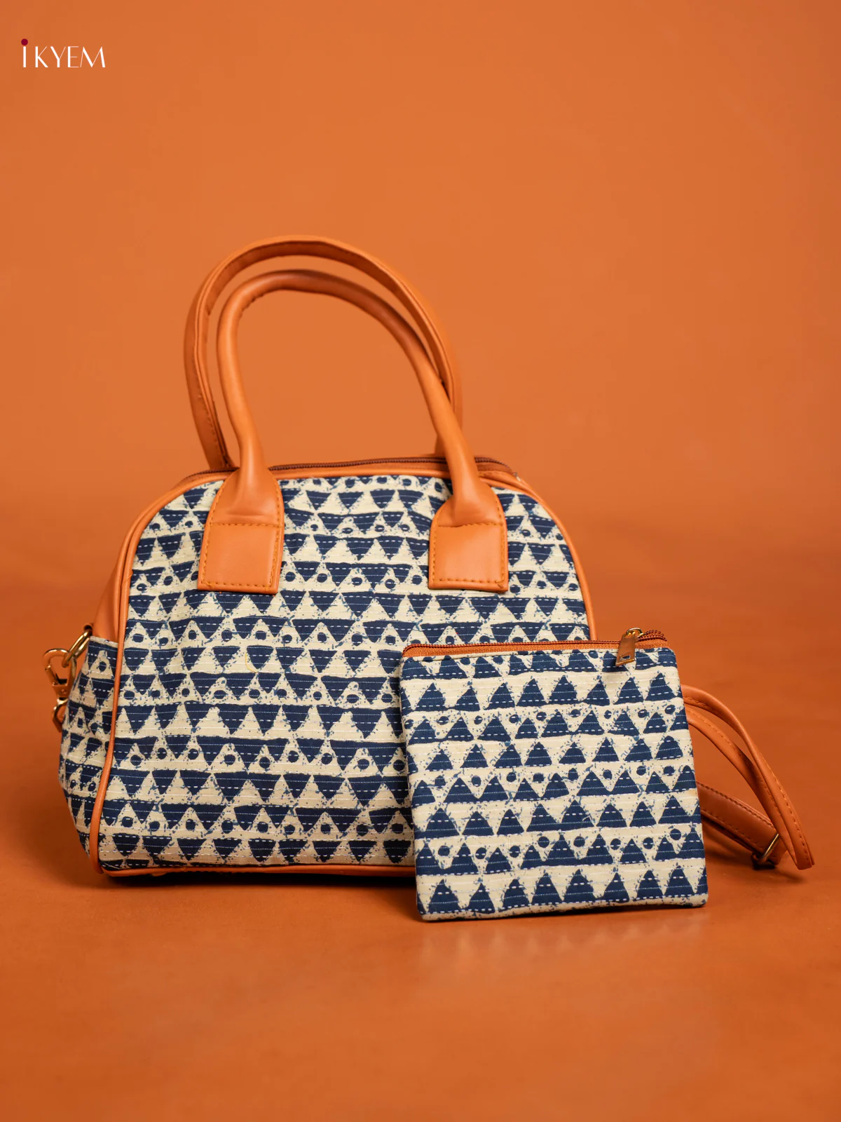 Ajrakh print sling bag with pouch - indigo blue