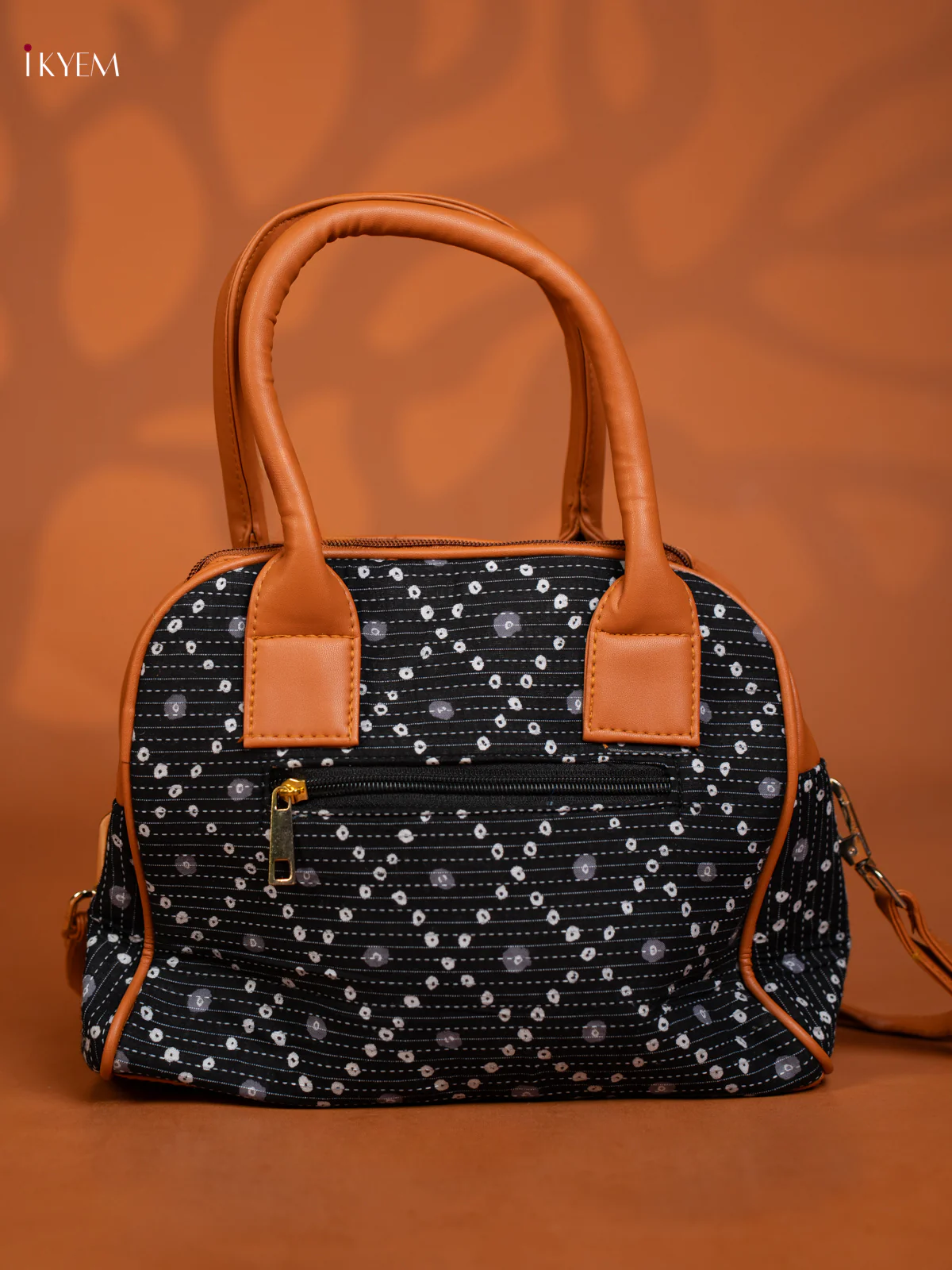Cotton Ikat Printed handbag & Leather Sling with 2 Compartments 1 Pouch -Black - KE16371 - Image 3