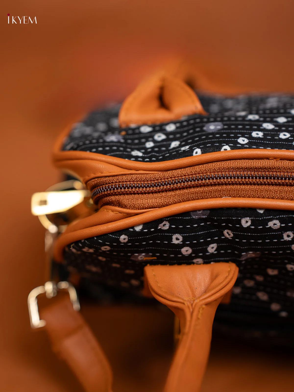 Cotton Ikat Printed handbag & Leather Sling with 2 Compartments 1 Pouch -Black - KE16371 - Image 4
