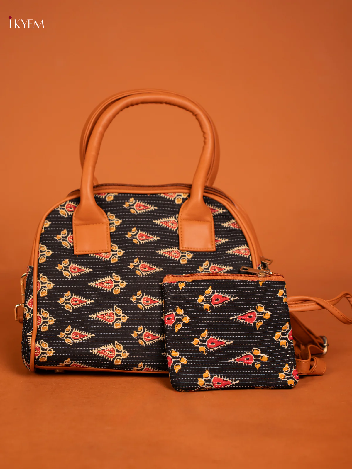 Ajrakh print sling bag with pouch - black