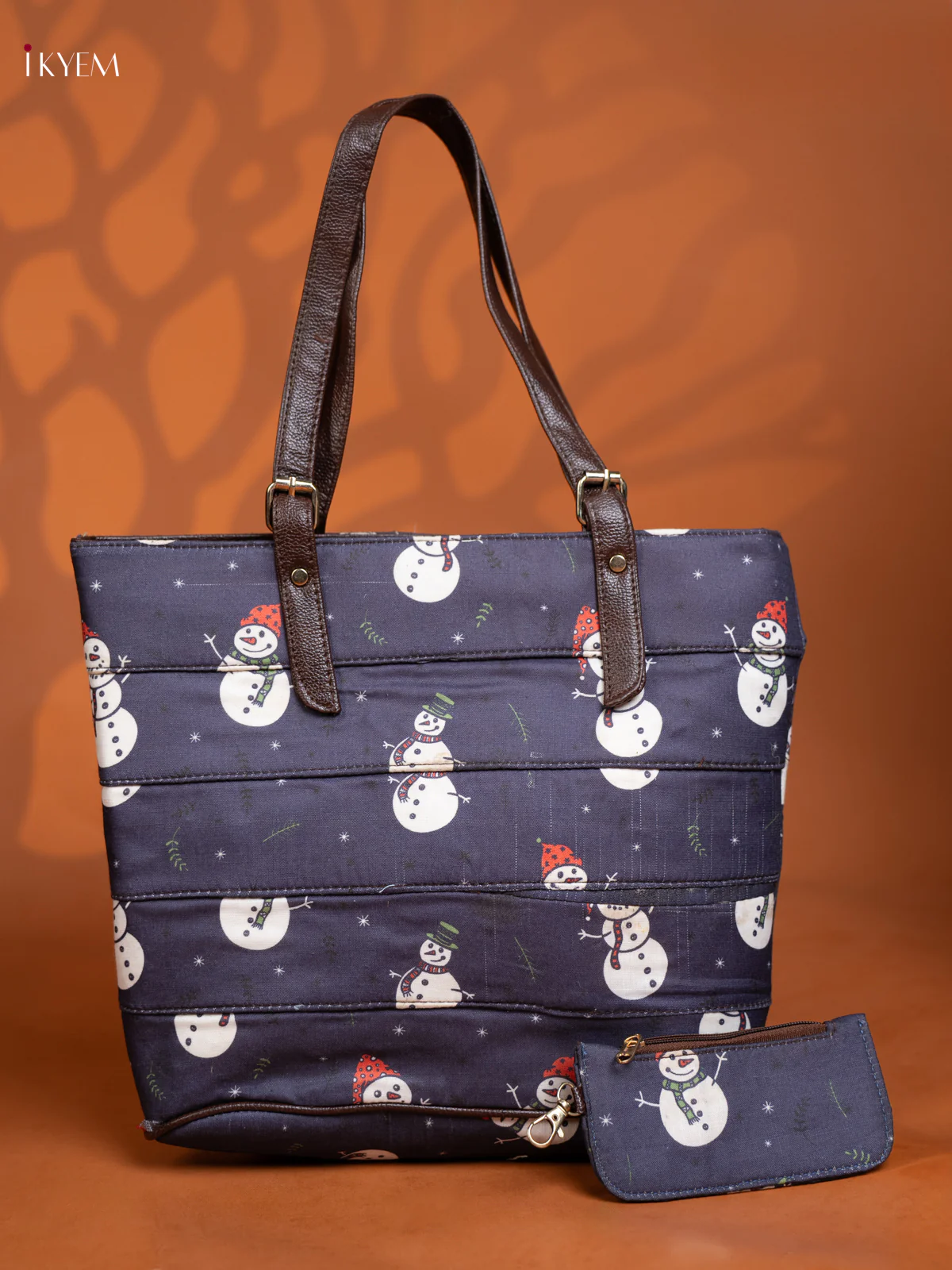 Printed Snowman Tote Bag & Small Pouch with 3 compartments - Navy Blue - KE16382