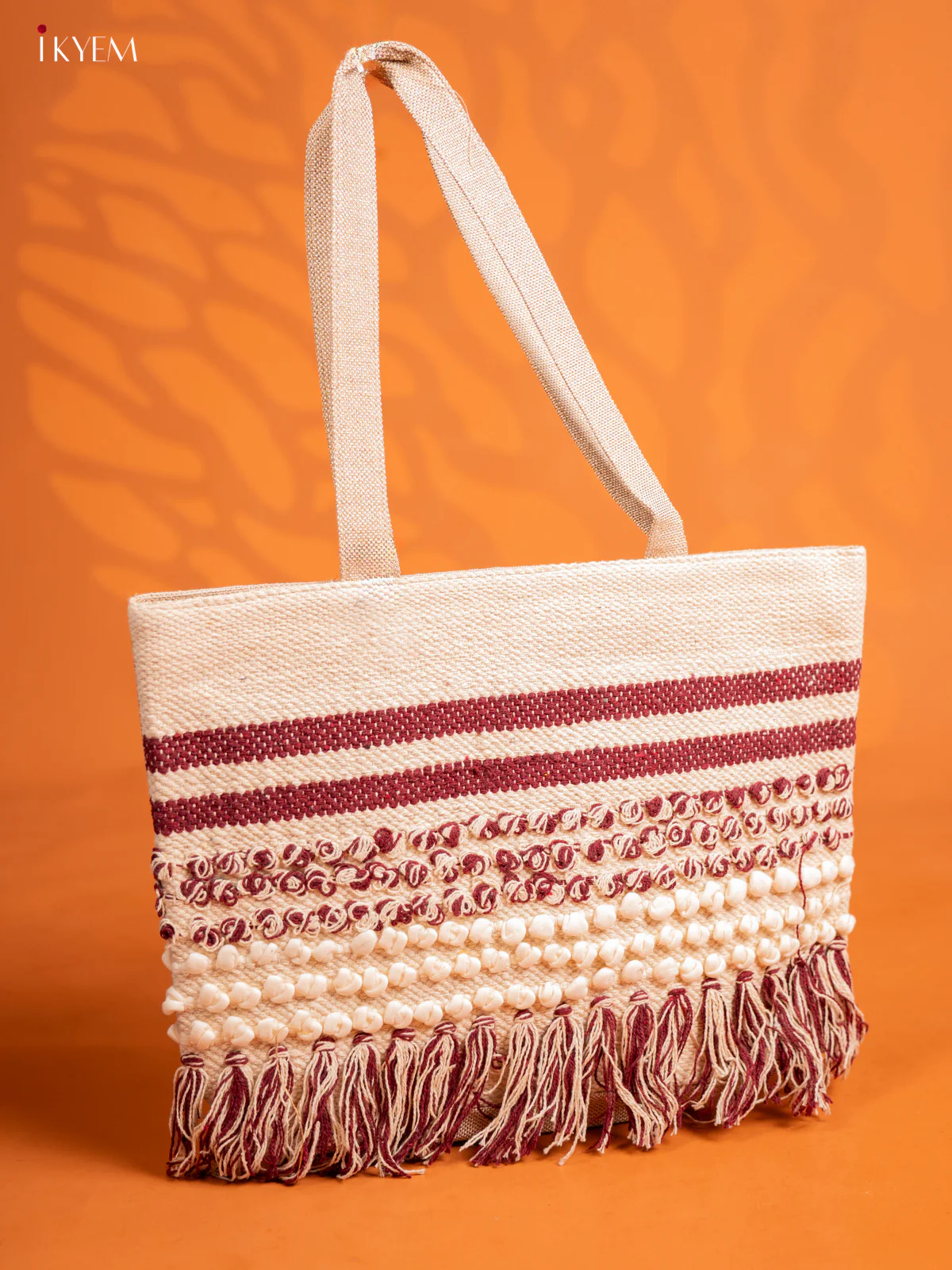 Jute Geometric Embroidered Bag with 2 compartments -Cream with Maroon - Image 2