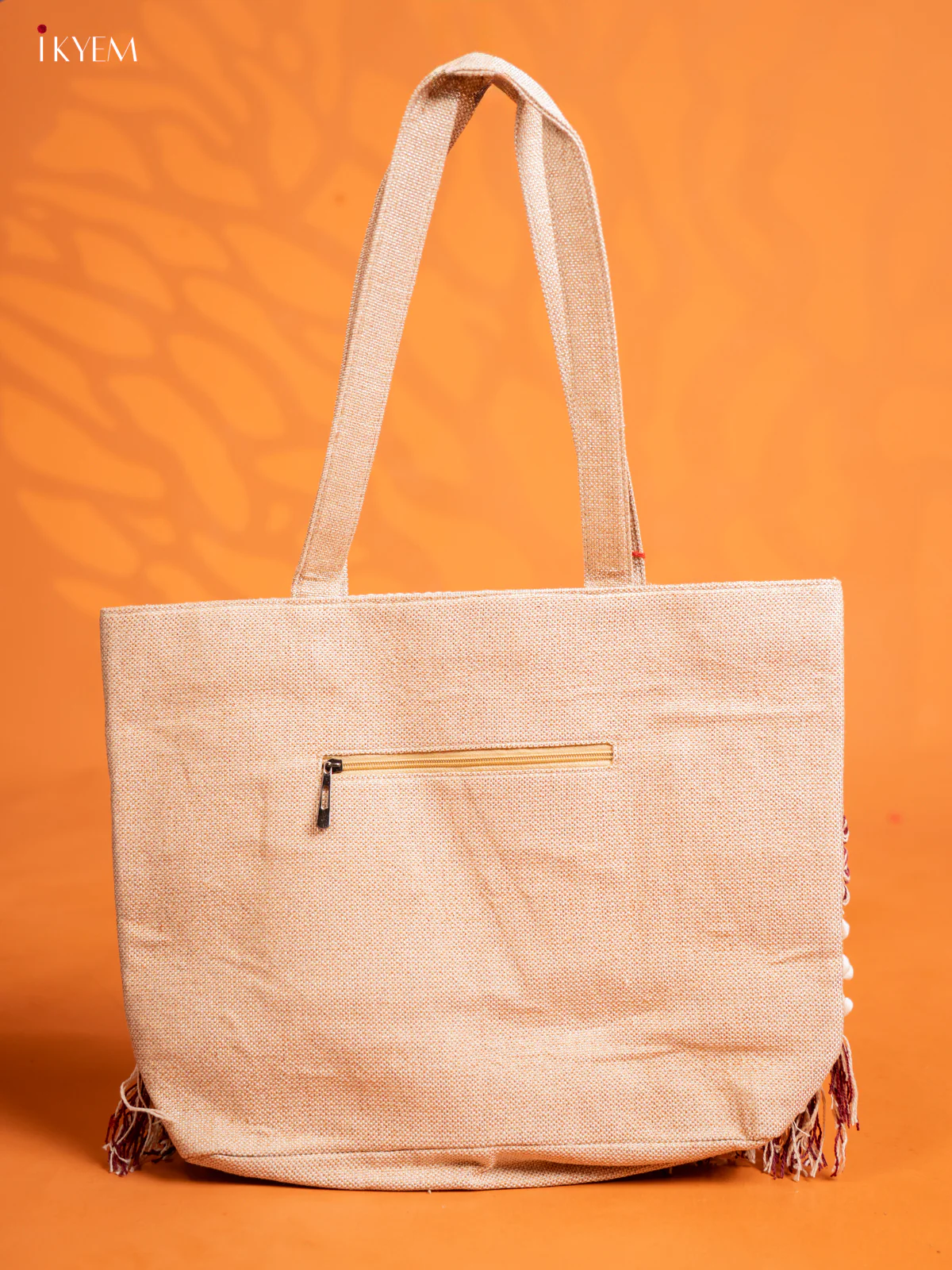 Jute Geometric Embroidered Bag with 2 compartments -Cream with Maroon - Image 3