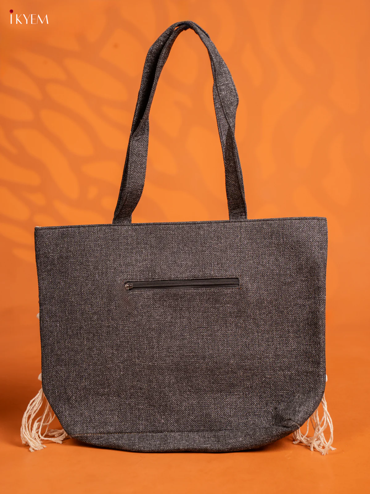 Jute Geometric Embroidered Bag with 2 compartments - Black - Image 3
