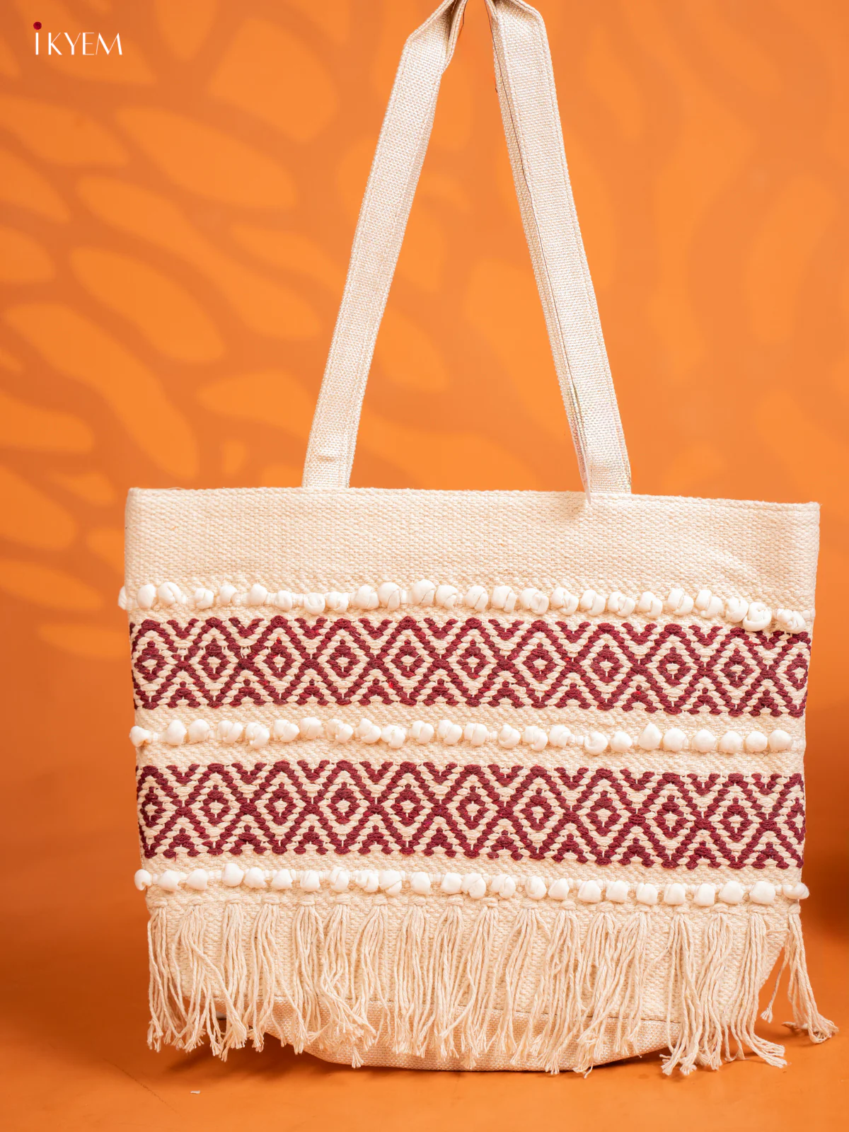 Jute Geometric Embroidered Bag with 2 compartments - Cream with Red