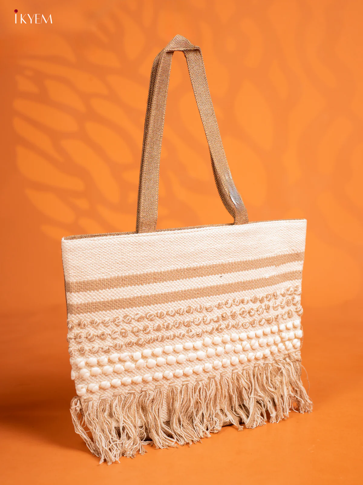 Jute Geometric Embroidered Bag with 2 compartments - Cream with Sandal - Image 2