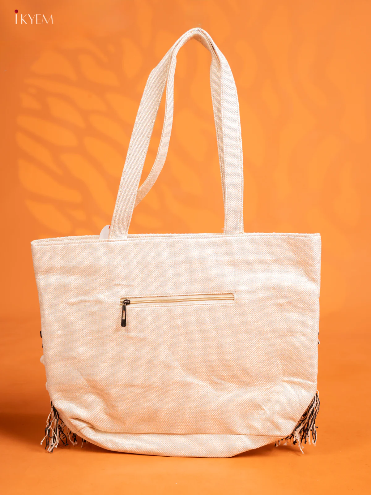 Jute Geometric Embroidered Bag with 2 compartments -Black with White - Image 3