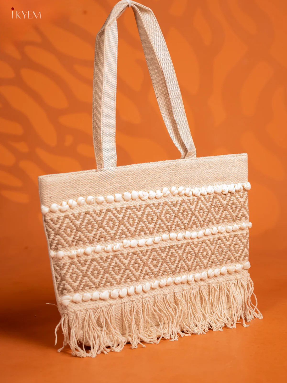 Jute Geometric Embroidered Tote Bag with 2 compartments -Cream - KE16399 - Image 2