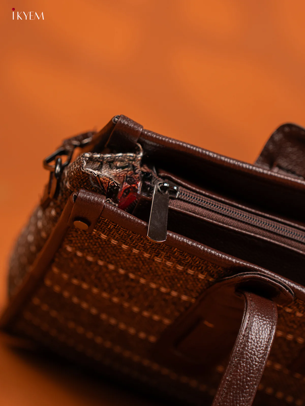 Jacquard Handbag Leather Sling with 1 Compartment - Brown - KE16404 - Image 3