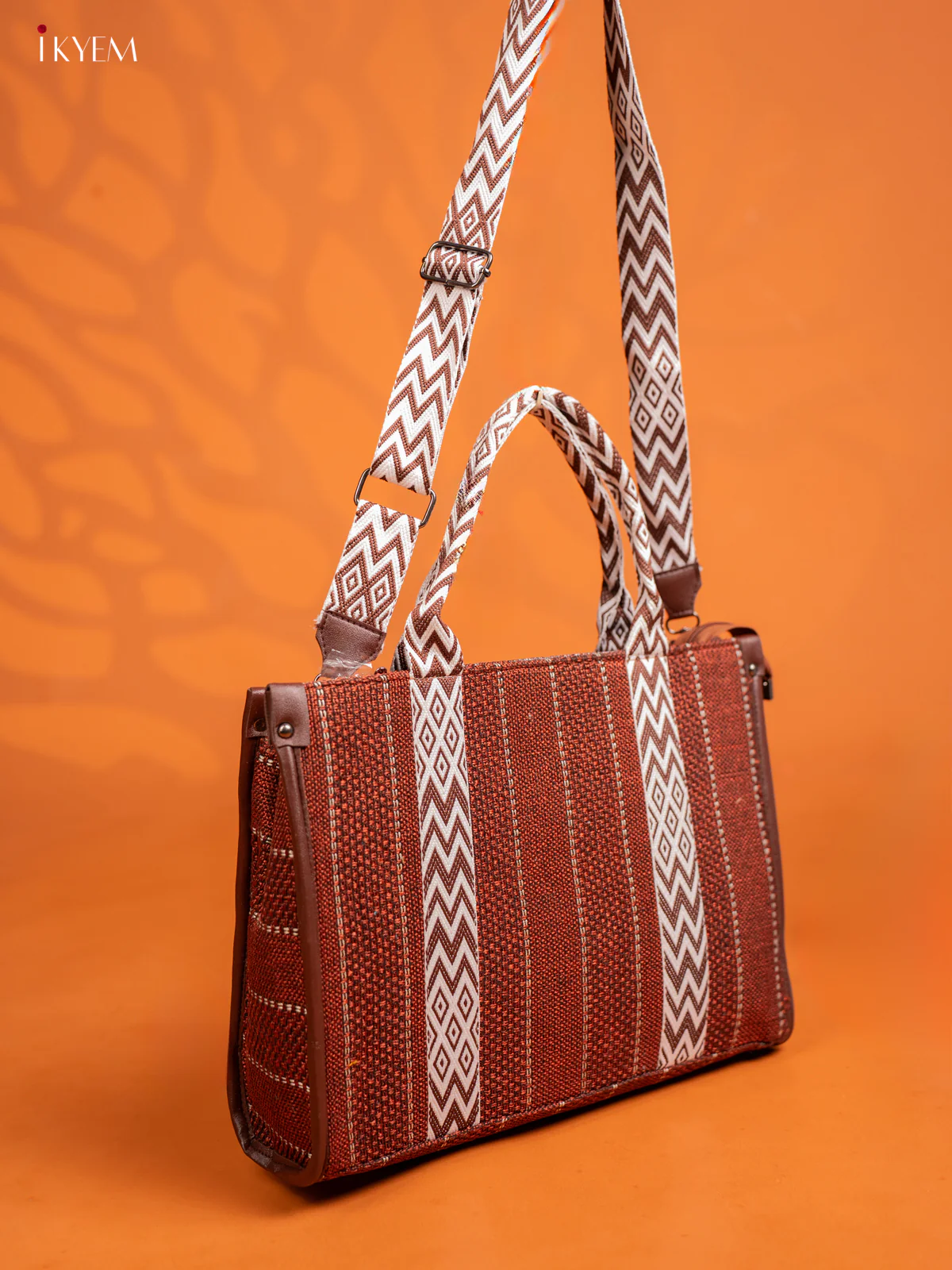 Jacquard Handbag Printed Sling with 2 Compartments - Coffee Brown - KE16410 - Image 2