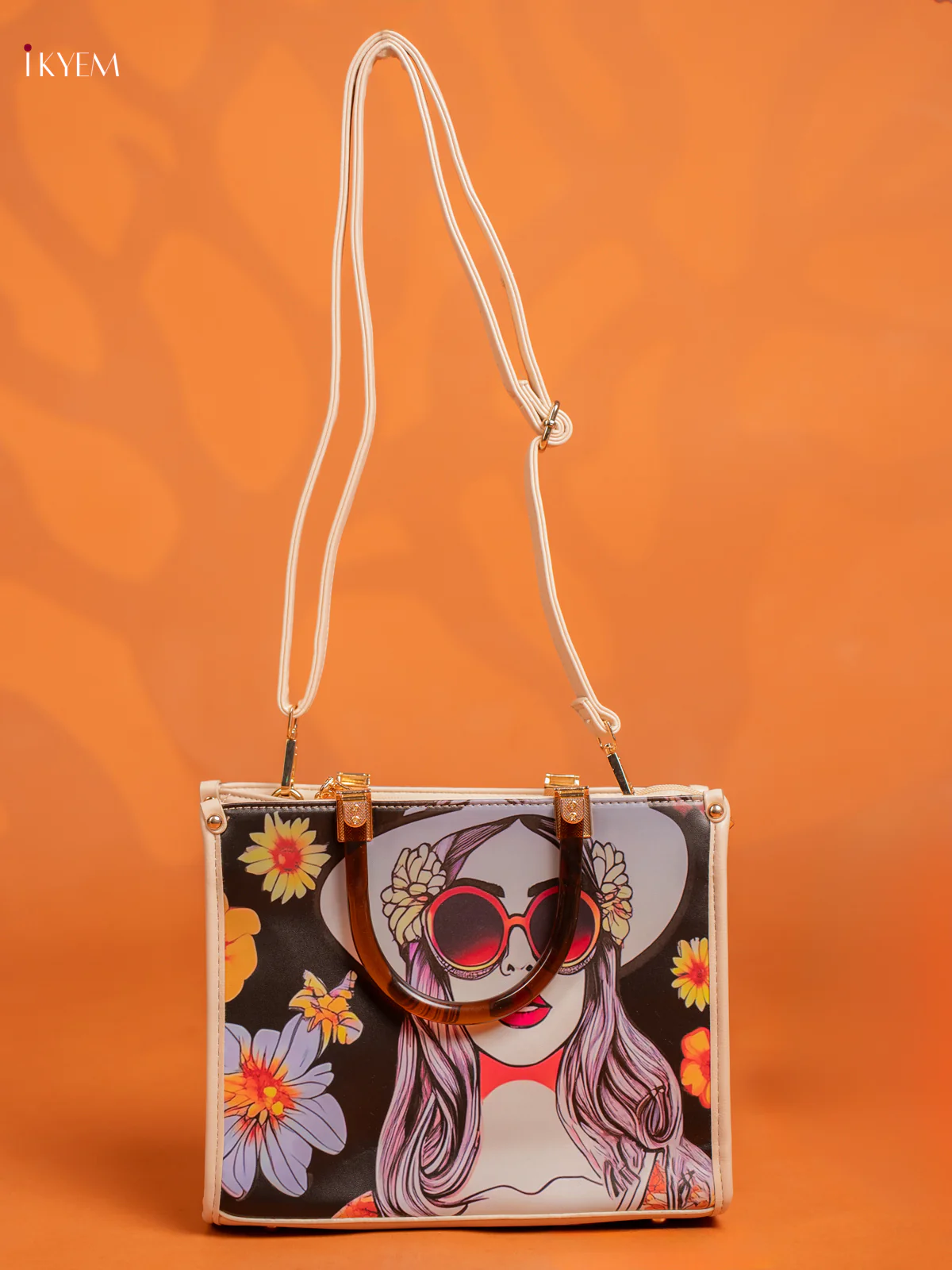 Printed Gurlz Tote bag & Leather Sling with 1 Compartments - Black - KE16416
