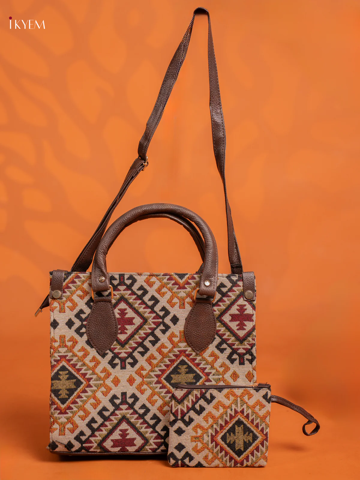 Jacquard Handbag and Leather Sling & Small Pouch with 1 compartment - Orange - KE16423