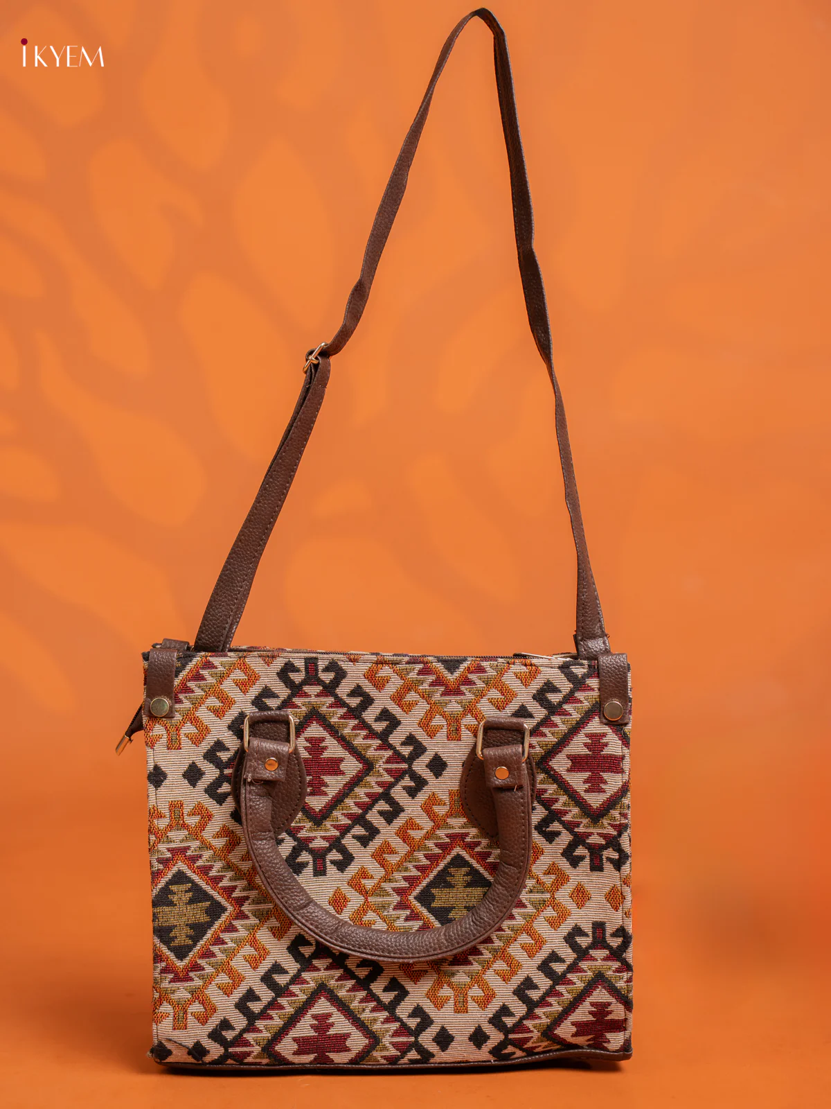 Jacquard Handbag and Leather Sling & Small Pouch with 1 compartment - Orange - KE16423 - Image 2