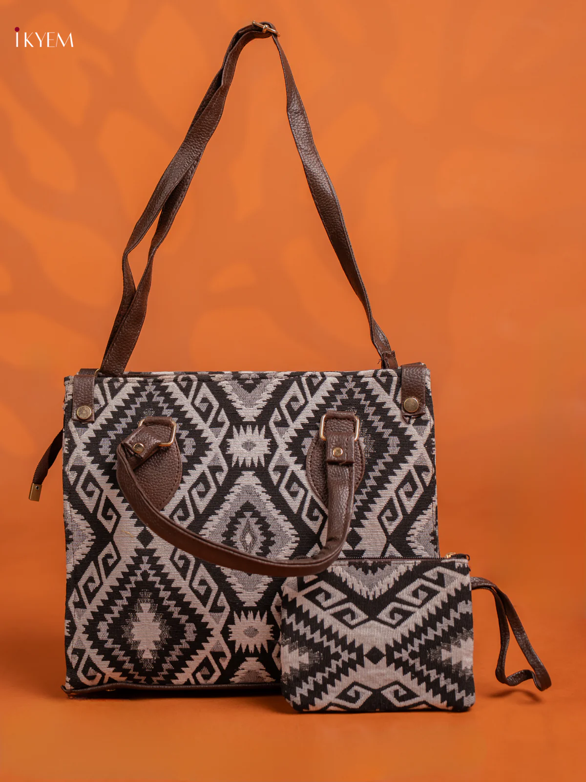 Jacquard Handbag and Leather Sling & Small Pouch with 1 compartment - Black - KE16425