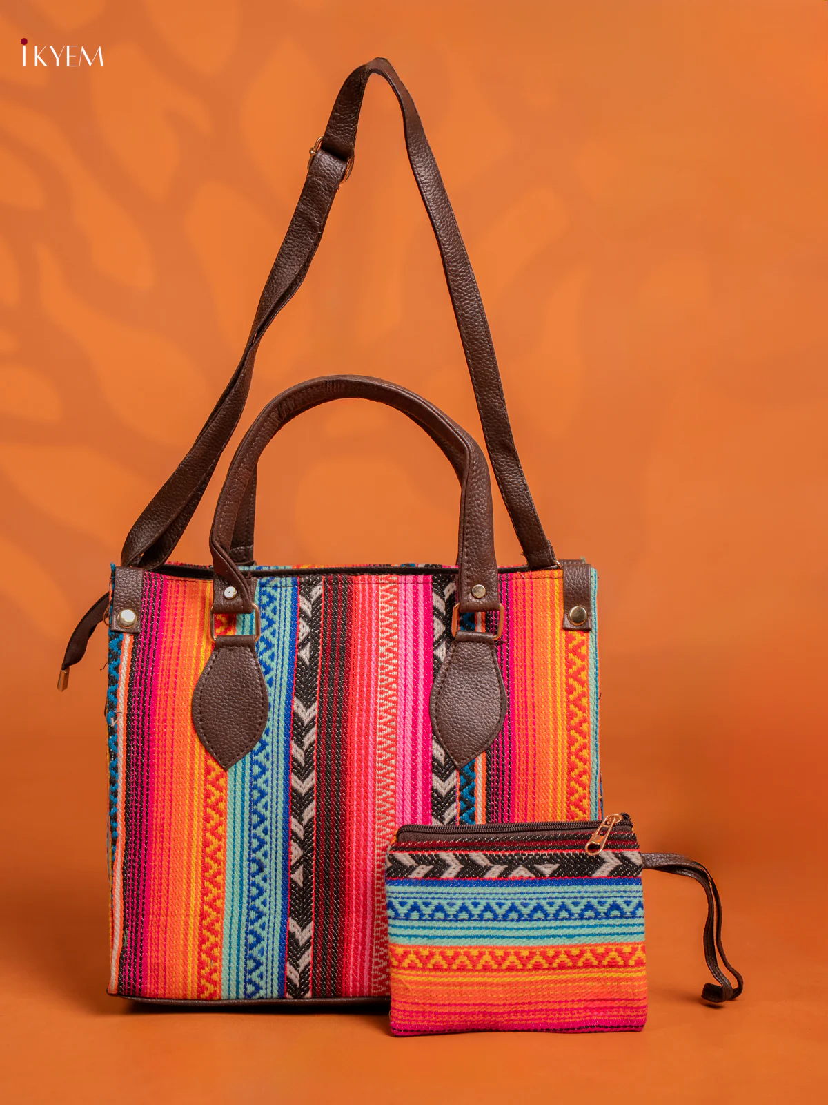 Jacquard Handbag and Leather Sling & Small Pouch with 1 compartment - Multicolour - KE16426
