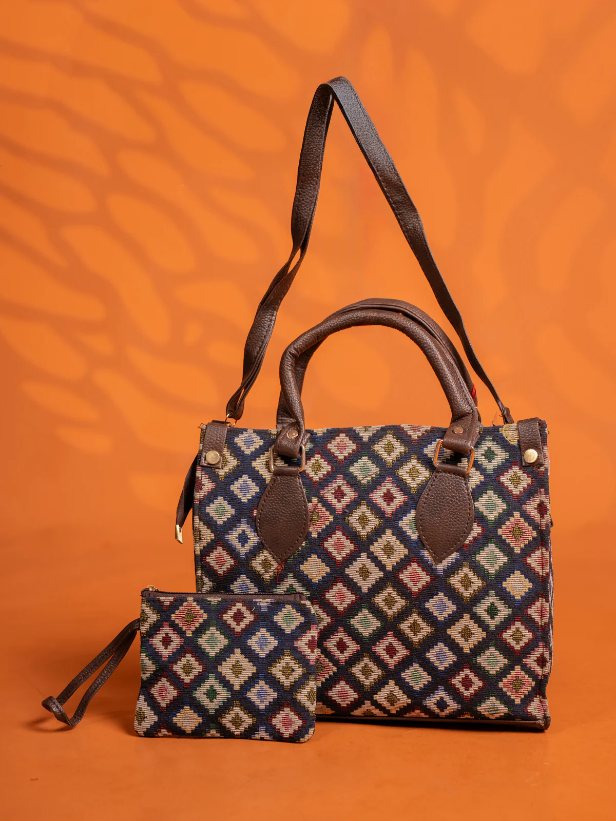 Jacquard Handbag and Leather Sling & Small Pouch with 1 compartment - Navy Blue - KE16428