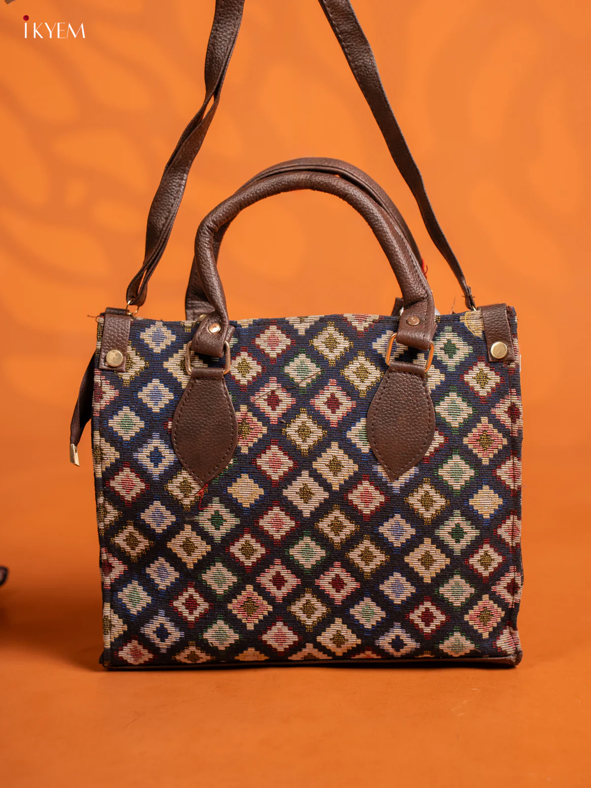 Jacquard Handbag and Leather Sling & Small Pouch with 1 compartment - Navy Blue - KE16428 - Image 2