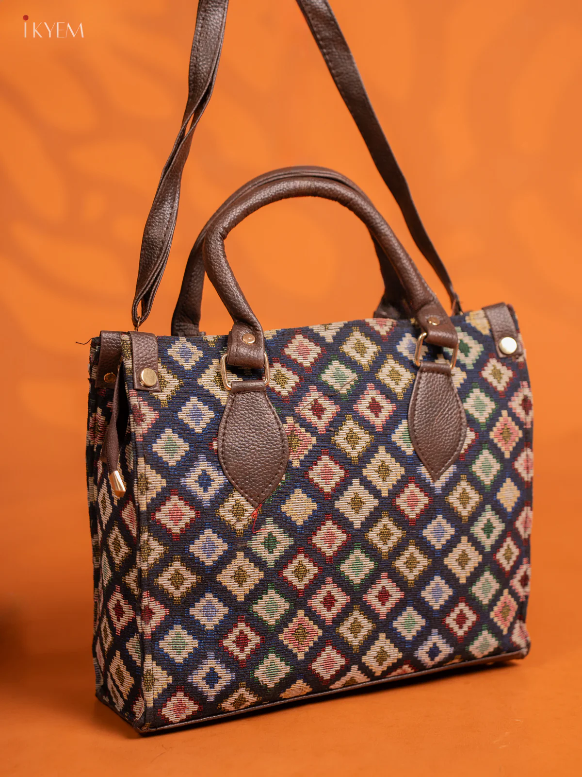 Jacquard Handbag and Leather Sling & Small Pouch with 1 compartment - Navy Blue - KE16428 - Image 3
