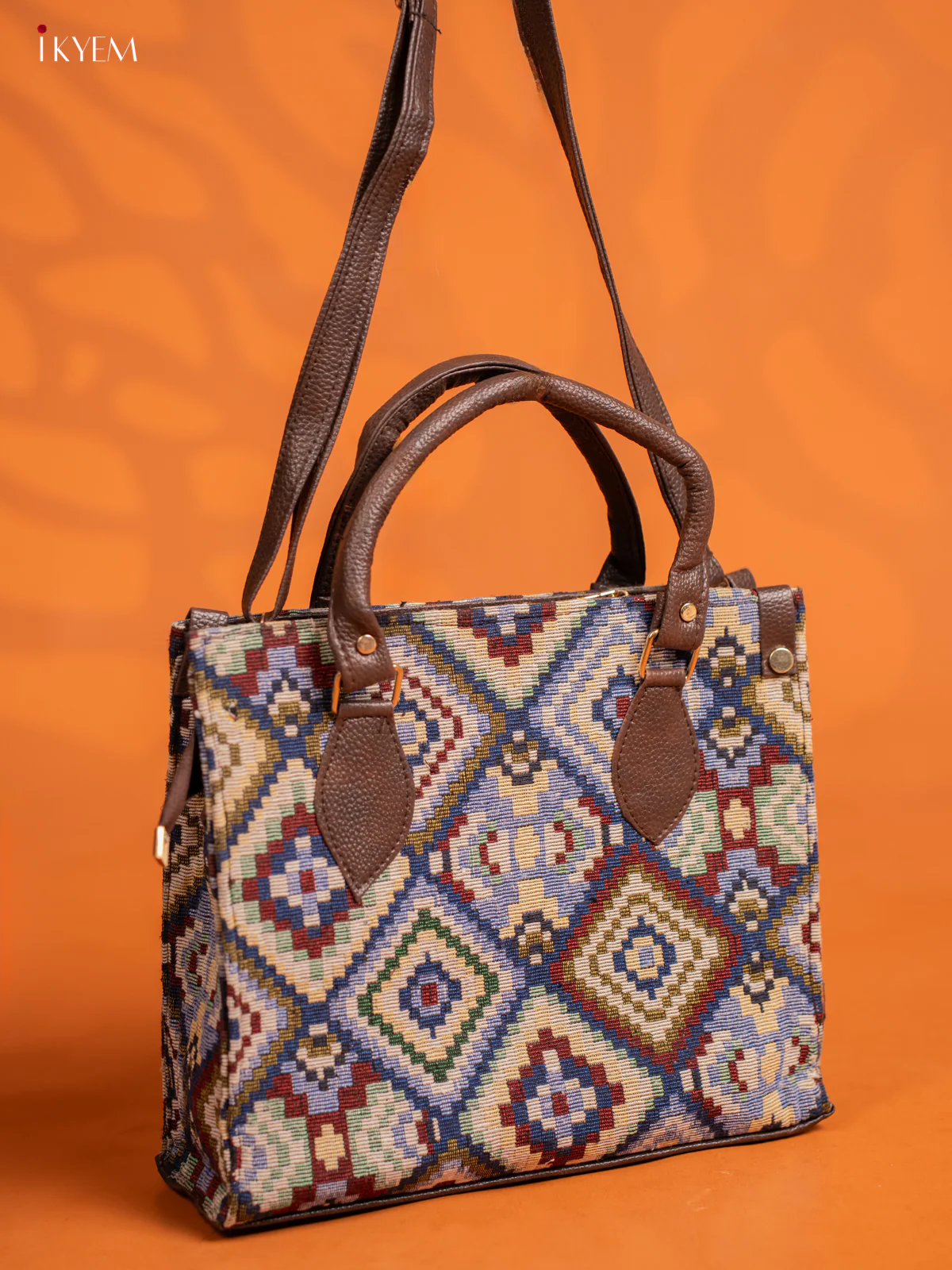 Jacquard Handbag and Leather Sling & Small Pouch with 1 compartment - Blue - KE16430 - Image 2