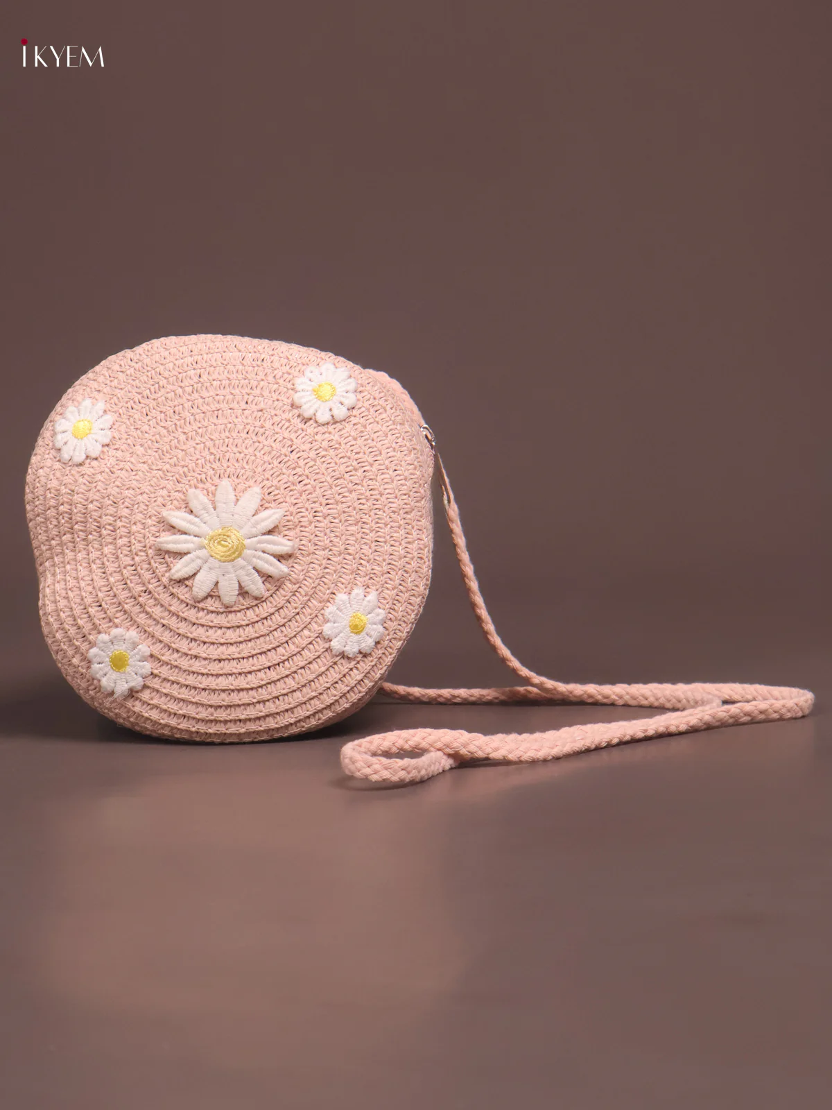 Jute  Round Sling Bag Floral Design Light Pink
