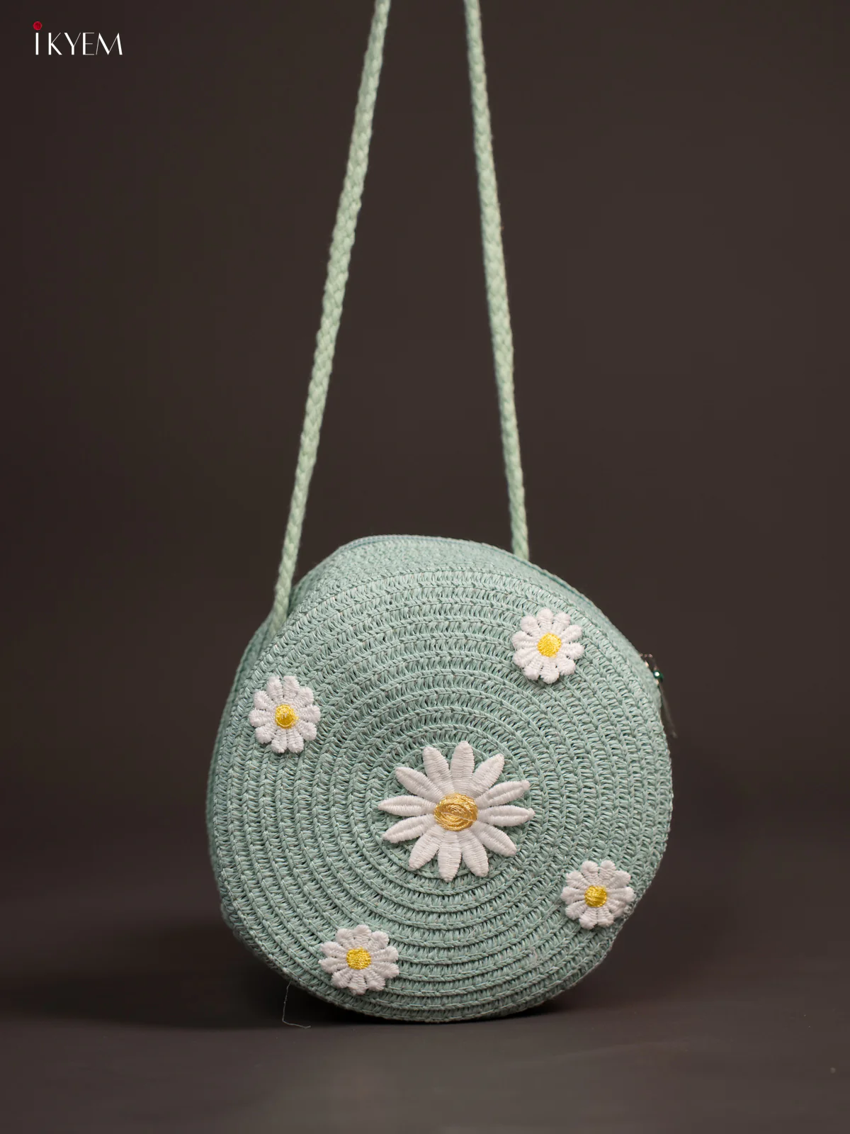 Jute Round Sling Bag Floral Design Green - Image 3