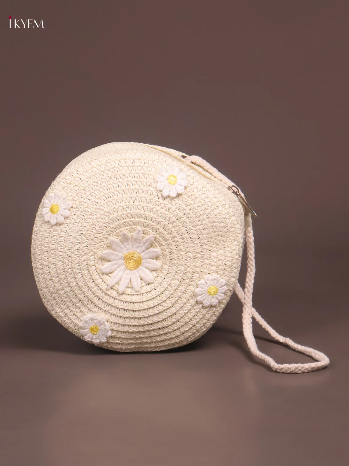 Jute Round Sling Bag Floral Design  White