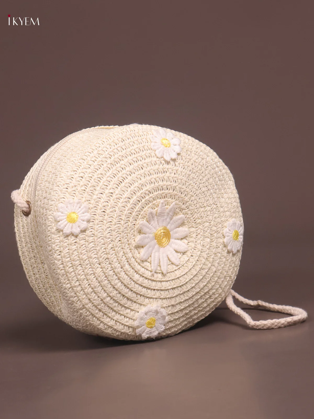 Jute Round Sling Bag Floral Design White - Image 2