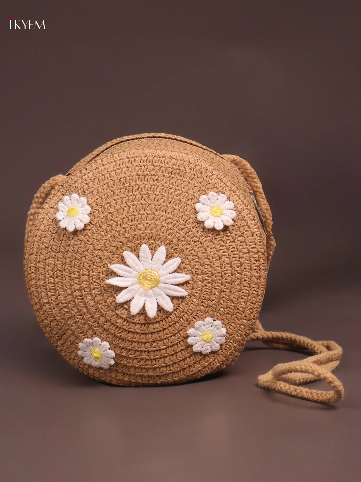 Jute Round Sling Bag Floral Design Brown