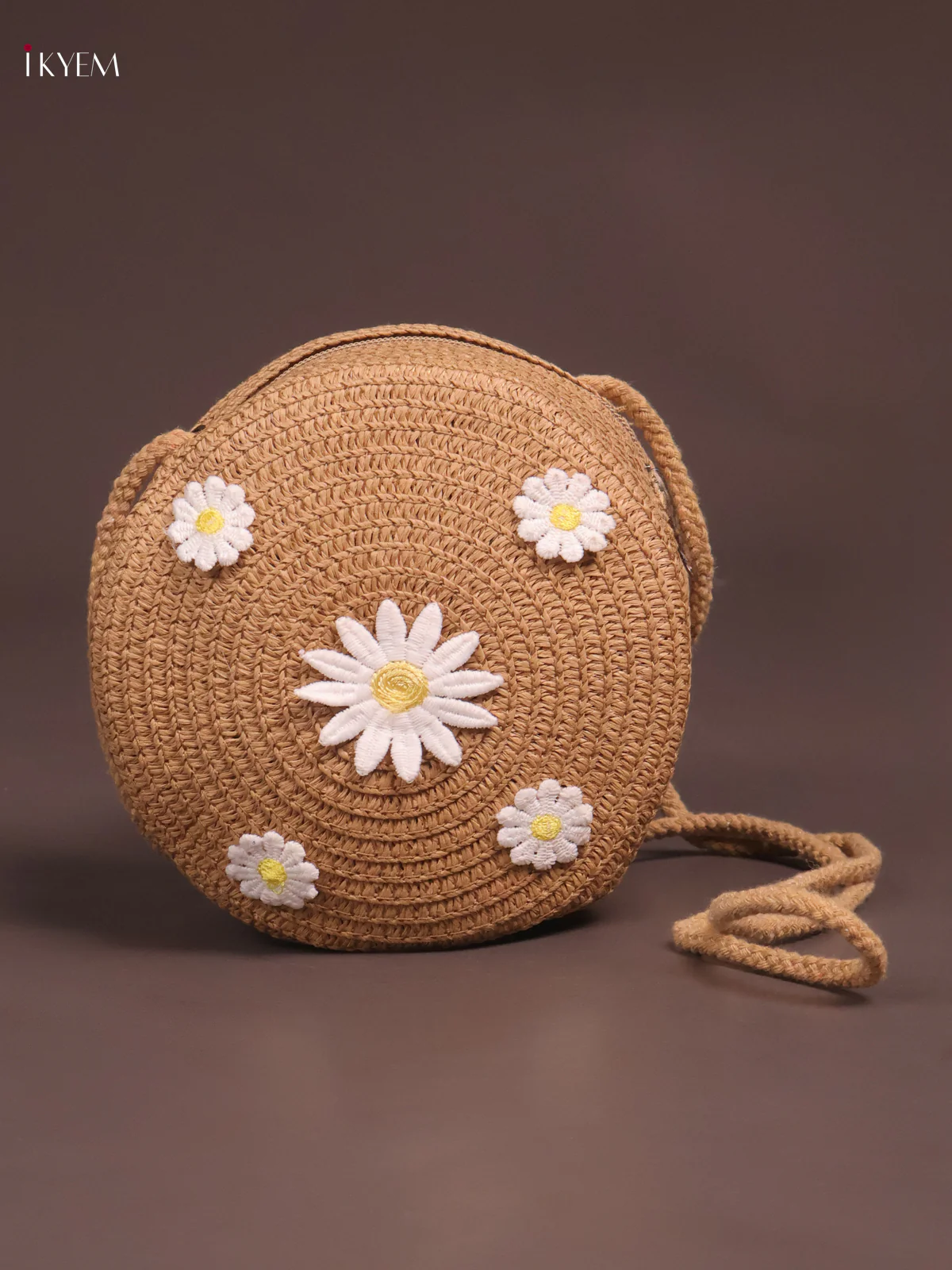 Jute Round Sling Bag Floral Design Brown - Image 2